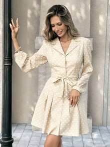 PariChic Vestido largo de manga larga de elegante color café con estampado romántico de rosas en todo el diseño, con cinturón de lazo, botones delanteros y un diseño elegante adecuado para otoño/invierno, primavera/verano, vacaciones, citas de San Valentín, cumpleaños, silueta evasé y vestido corto con mangas abullonadas, lindo y romántico - Albaricoque - Ver 8