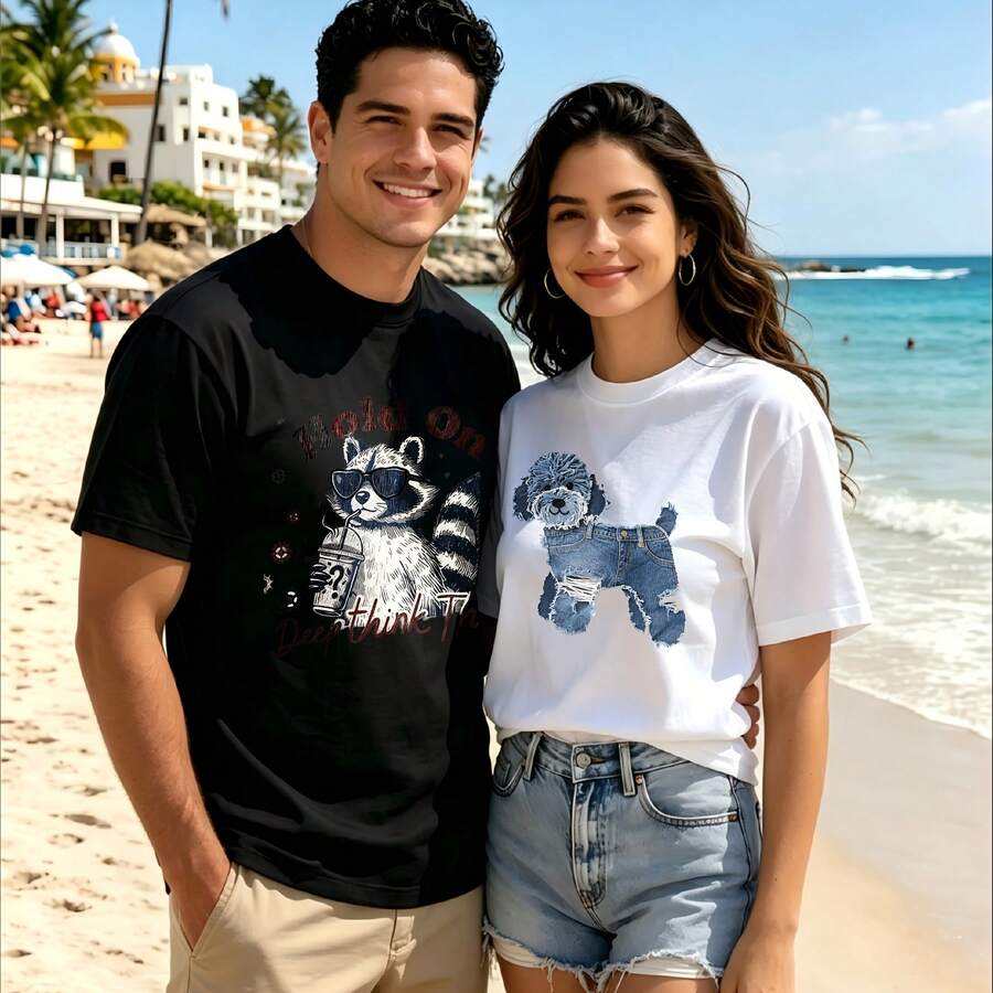 2-Piece Couple Matching Pattern T-Shirt, 100% Cotton, Loose Fit, Soft And Breathable, Casual Round Neck Short Sleeved Top Viva Mexico Viva Black Gubam Versatile Patterns No Picky Combinations Coordinated Dating Casual Travel Simple And Cartoonish Printing Styles High Cost-Effectiveness Couple Lovers - 黑色 - 查看 1