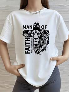 León con cruz que simboliza fuerza espiritual valentía interior y fe inquebrantable inspirado en un mensaje positivo camiseta de mujer casual moderna cómoda - Blanco - Ver 1