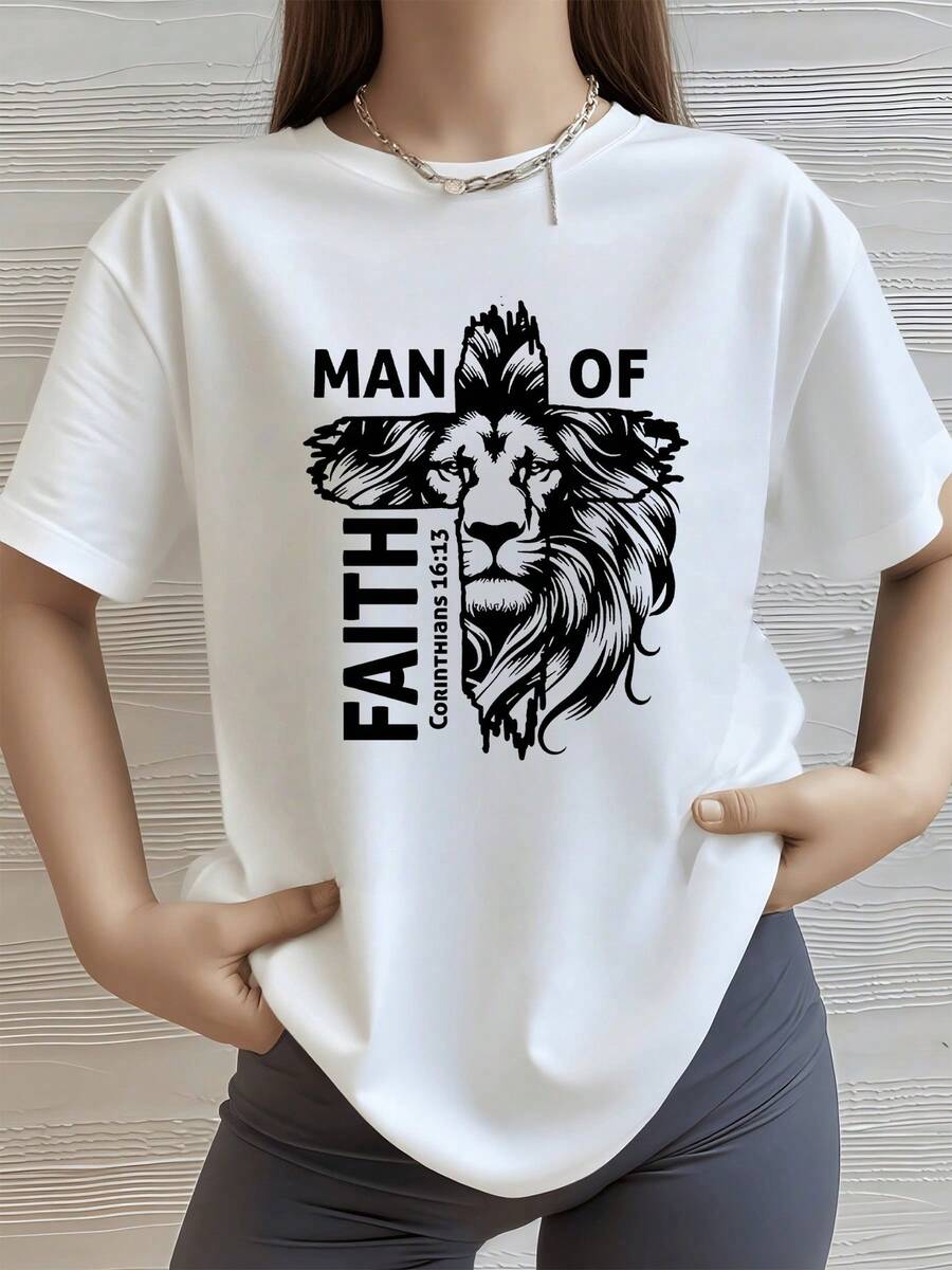 León con cruz que simboliza fuerza espiritual valentía interior y fe inquebrantable inspirado en un mensaje positivo camiseta de mujer casual moderna cómoda - Blanco - Ver 1