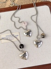 1pc Korean Style Personalized Stone Heart Letter Pendant Necklace, Unique High-End Sweater Chain, Versatile Daily Accessory For Women - Necklace - View 6