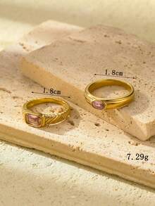 Onelike 两枚304不锈钢镀金铸造戒指，时尚设计，镶嵌粉色立方氧化锆，适合日常佩戴或作为礼物。 - 金黃色 - 查看 4