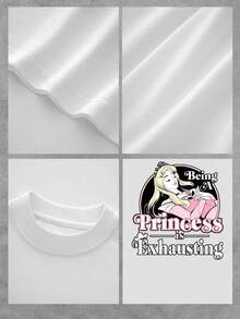 Ilustración de una princesa rubia descansando con expresión dulce y un mensaje divertido que expresa el cansancio de ser perfecta reflejando humor y encanto femenino camiseta de mujer  casual cómoda para uso diario - Blanco - Ver 4