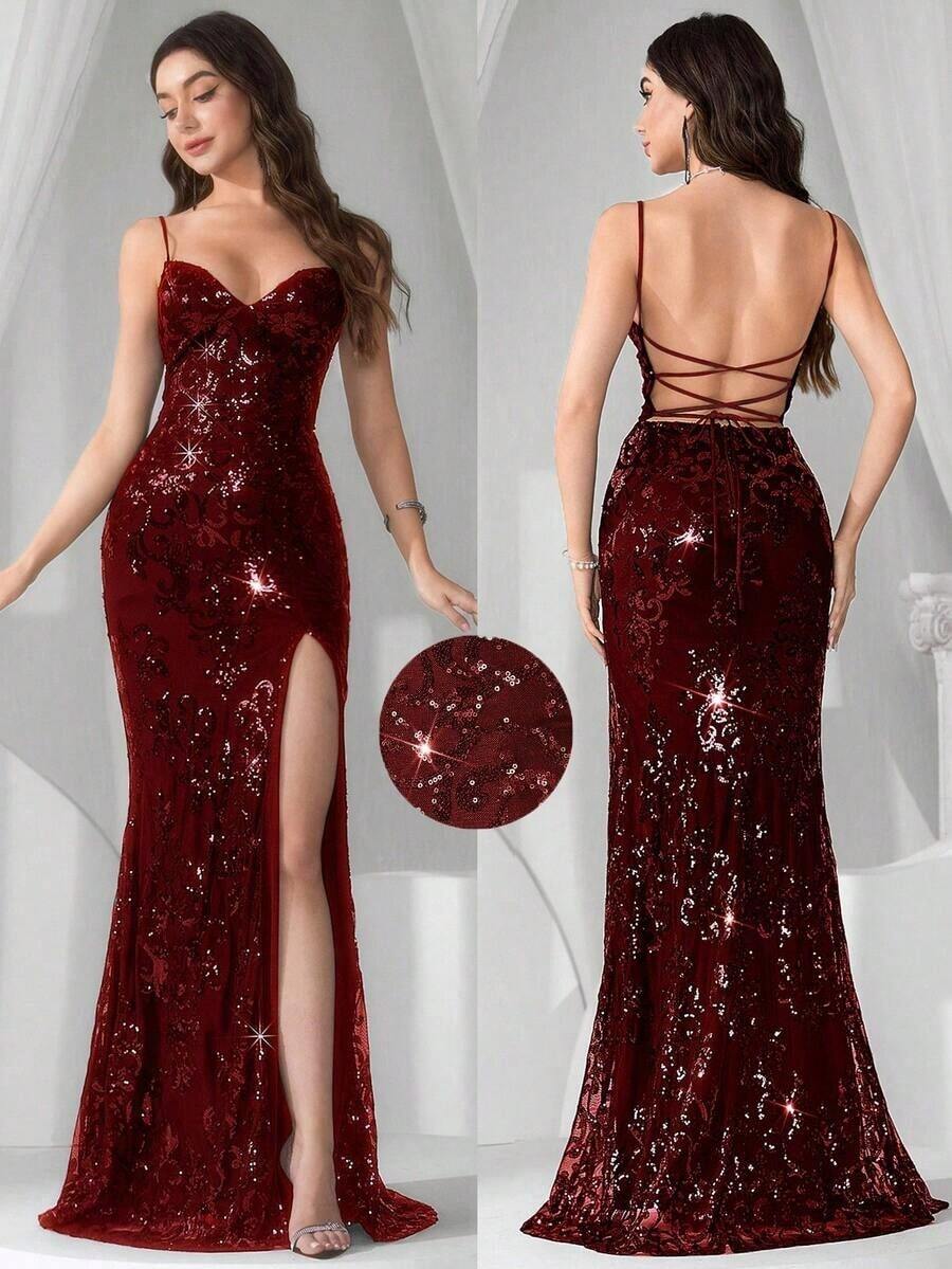Vestido de noche con abertura alta en el muslo, con lentejuelas y diseño de patchwork, con espalda descubierta y silueta de sirena para mujer - Burdeos - Ver 1