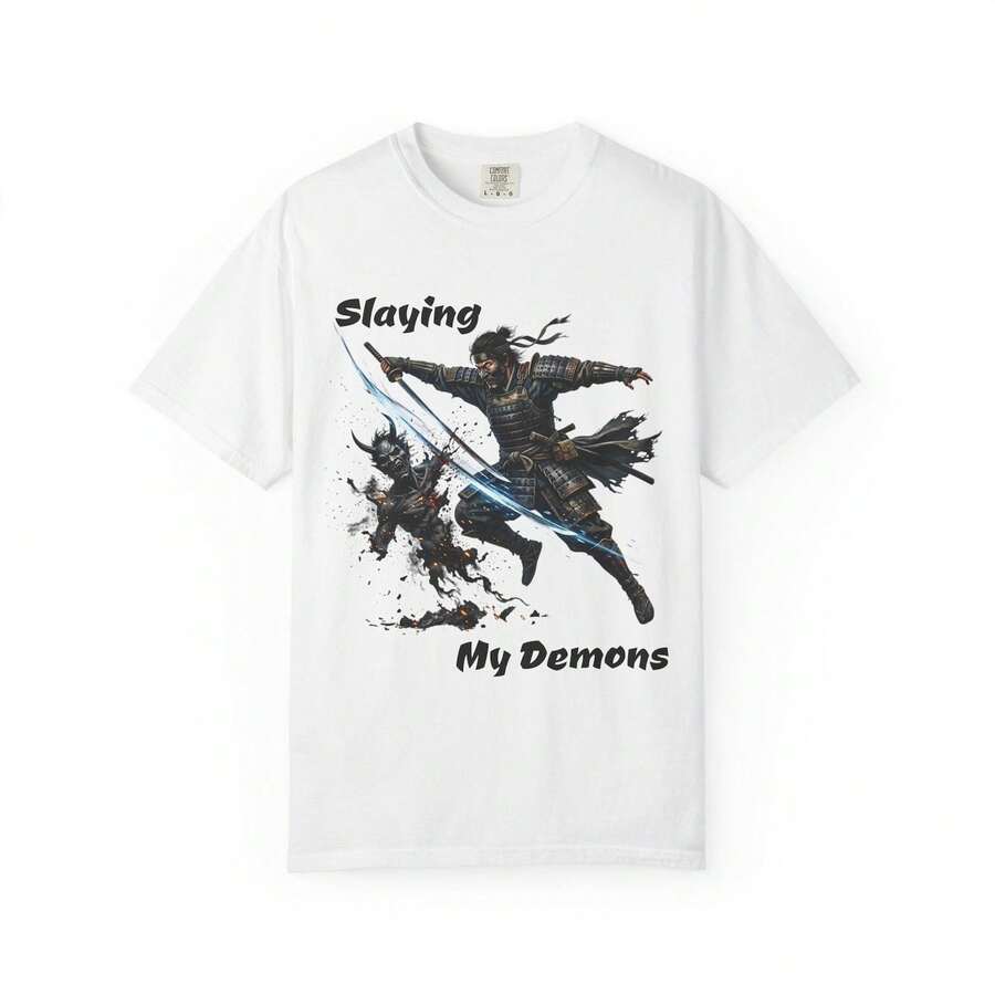 Warrior Illustration For T-Shirt "Slaying My D1em1ons"220g Cla-Ssic Cotton T-Shirt - UniS-Ex - The Shirt You A-Lways NeededSuitable For All People, Whether WoM-En Or M-Enhigh-Quality Durable Fabric Suitable For All Seasons,Ft To The Touch But Built To LastBreathabletops WoM.En Fall OutfiT.S For WoM.En VaC.Ation OutfiT.S WoM.En Easter, St. Patrick's Day Costume - 白色 - 查看 1