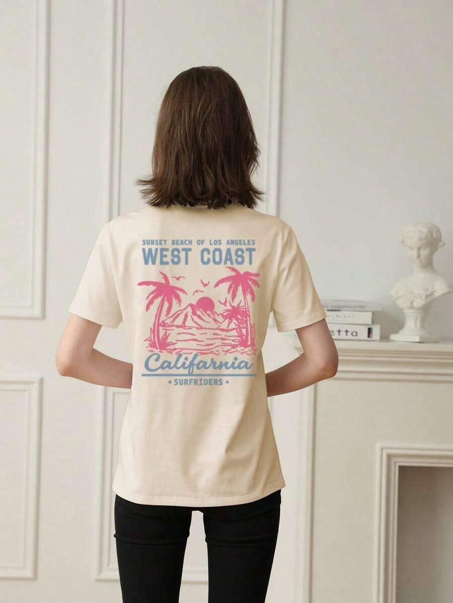 Women's Short-Sleeved T-Shirt With A Round Neck, A Casual Summer Style, Minimalist And Versatile, With A Palm Tree Print And Slogan, Suitable For Everyday Wear. Printed T-Shirt, Black, Vacation - 杏子 2 - 查看 1