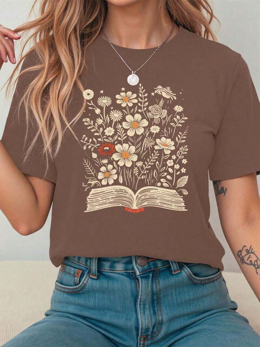 Camiseta de manga corta con estampado floral casual para mujer, camiseta de cuello redondo lisa con encantador patrón de flores para el ocio de las mujeres, color negro - Marrón - Ver 1