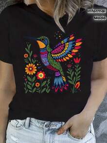Women's Extra Large Oversized T-Shirt With Animated Hummingbird Print, Black Short Sleeve Crew Neck T-Shirt, Conventional Casual Version Of T-Shirt Fabric, Comfortable For All Seasons, Suitable For Daily Wear, And A Promotional T-Shirt For Beautiful And Elegant Women's T-Shirts, Independence Day, Our Lady's Day, Day Of The Dead, All Saints' Day.. - 黑色 - 查看 1