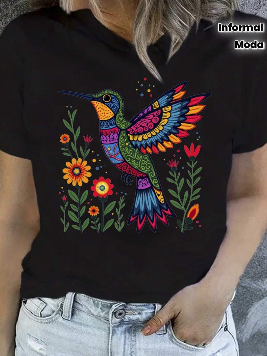 Women's Extra Large Oversized T-Shirt With Animated Hummingbird Print, Black Short Sleeve Crew Neck T-Shirt, Conventional Casual Version Of T-Shirt Fabric, Comfortable For All Seasons, Suitable For Daily Wear, And A Promotional T-Shirt For Beautiful And Elegant Women's T-Shirts, Independence Day, Our Lady's Day, Day Of The Dead, All Saints' Day.. - 黑色 - 查看 1