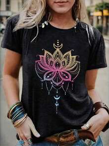 Women's Short-Sleeved T-Shirt, Casual Loose Fit, With Lotus Floral Print And Round Neck, Suitable For Summer, Casual And Leisure. - 黑色 - 查看 7