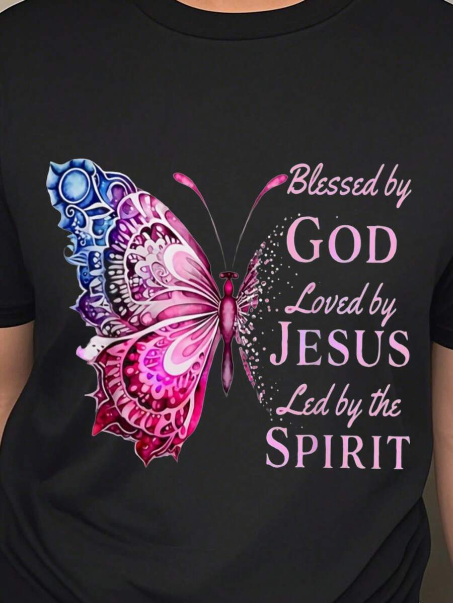 Plus Size, Women'S "Blessed by God Loved by Guided by the Spirit" Christian Faith T-Shirt with LED Light Butterfly Design - Vibrant Pink & Lettering, Breathable Casual Short Sleeve Round Neck, Comfortable Stretch Fabric for Church Events