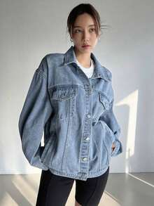 Chaqueta vaquera de manga larga con bolsillos con solapa, de corte holgado para mujer, para otoño/invierno - Lavado ligero - Ver 3