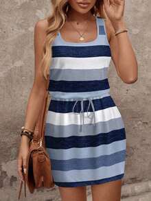 Vestido corto casual de mujer con estampado de rayas de contraste, adecuado para vestido de vacaciones de primavera/verano, vestido elegante para salir, casual - Azul - Ver 6
