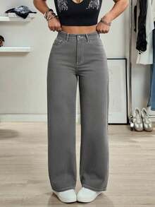 Jeans de mezclilla de pierna ancha recta de diseño simple con cintura alta para mujeres a la moda - Gris 2 - Ver 1