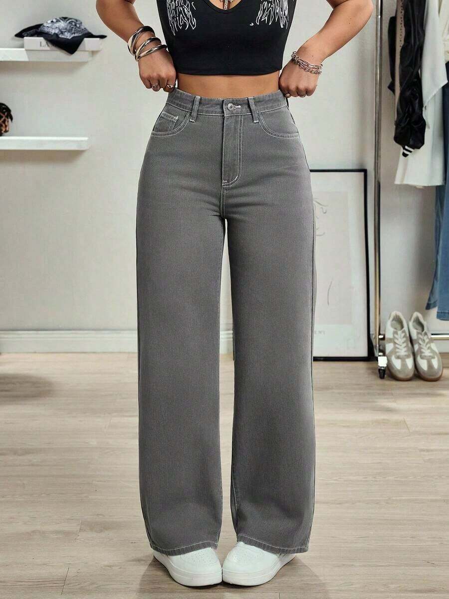 Jeans de mezclilla de pierna ancha recta de diseño simple con cintura alta para mujeres a la moda - Gris 2 - Ver 1