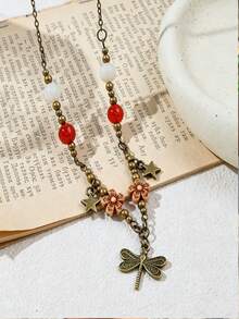 1pc Vintage Dragonfly Pendant Necklace, Bohemian Floral & Star Beaded Choker Necklace, Versatile Daily Wear Jewelry - Multicolor - View 4