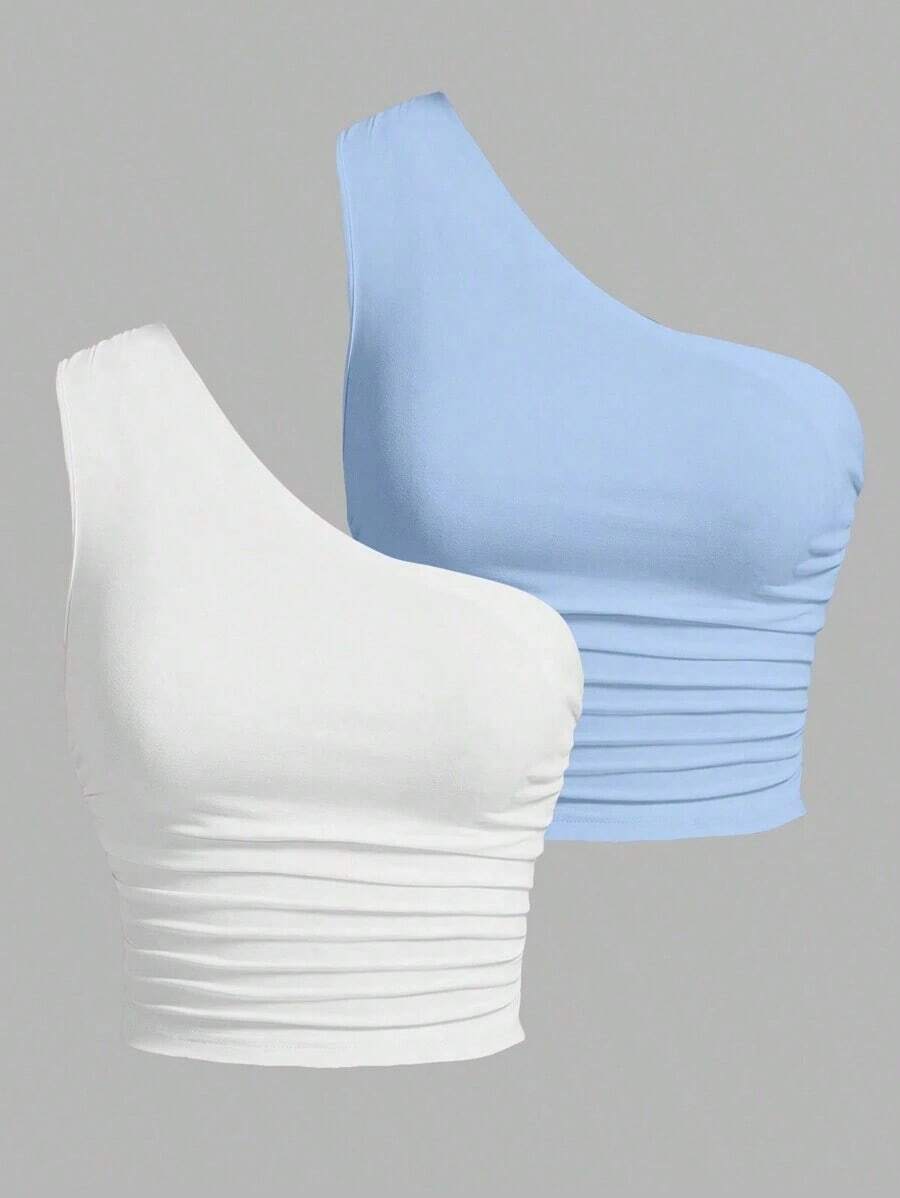 Blusa de un hombro de punto en tonos negro y beis para mujer - Azul y blanco - Ver 1