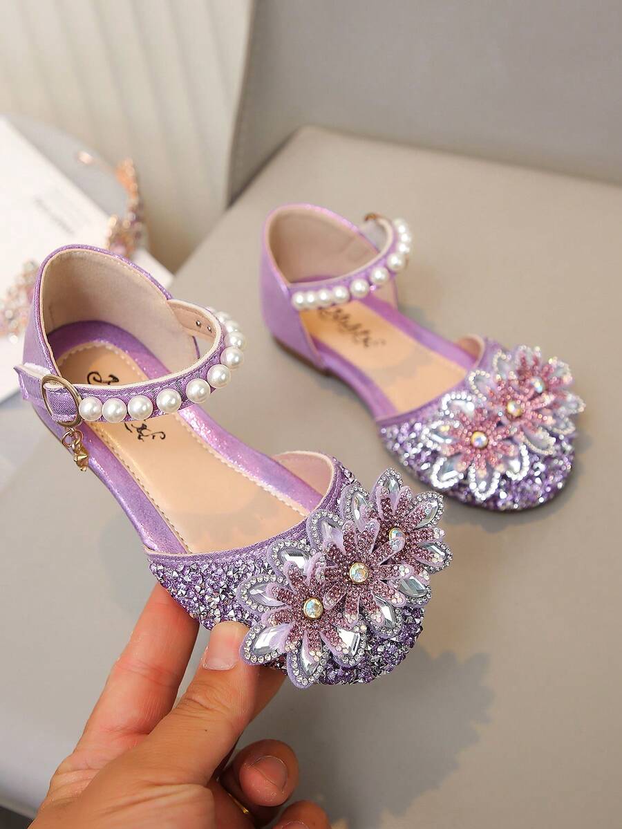 Girls' Princess Shoes With Matte Finish, Decorated With Bow, Pearl Pendant And Rhinestones, Suitable For Daily Commute, Artistic Check-In And Casual Wear - Purple - View 1