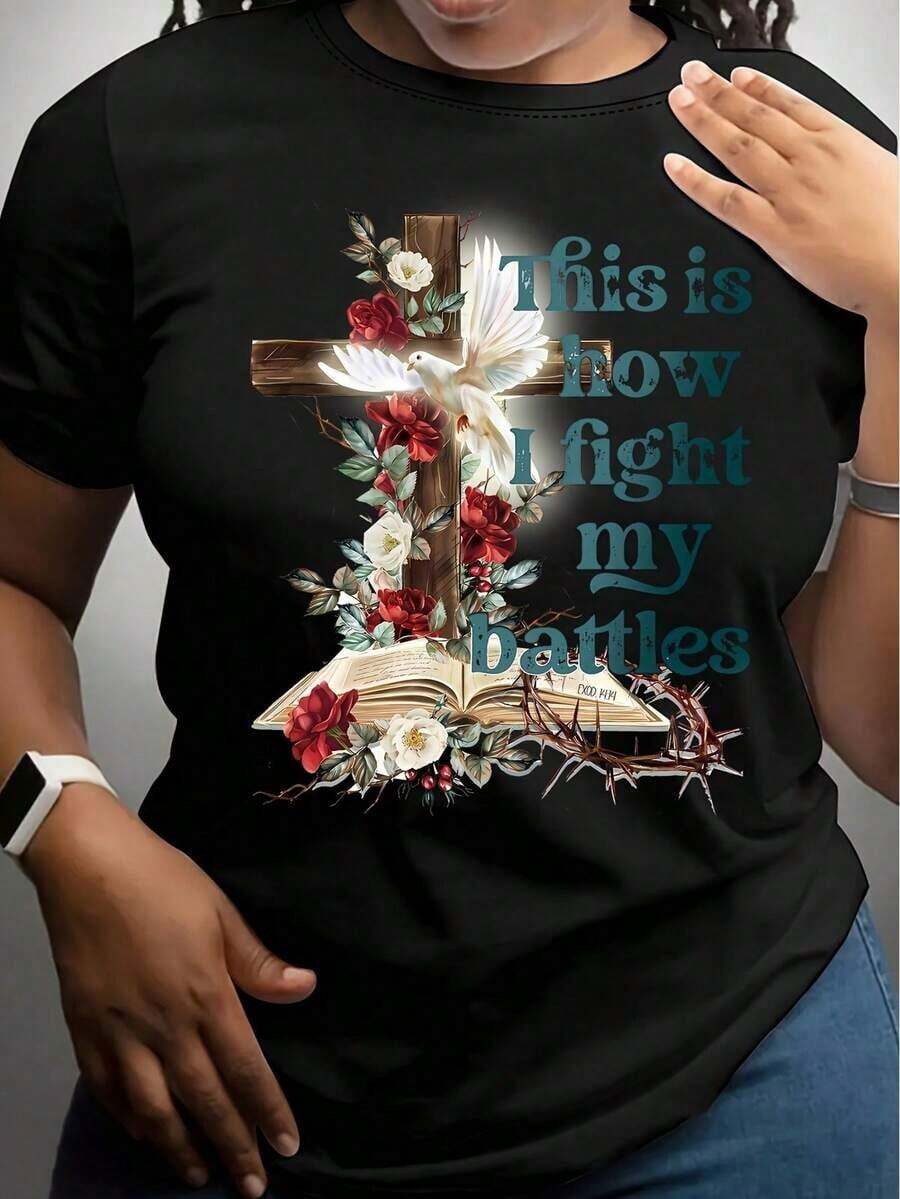 Under The Radar Women's St. Patrick's Day And Easter T-Shirt, Casual Flat Design With Cross, Dove, Bible, Roses And Wreath | 100% Cotton, Short Sleeve, Crew Neck, Regular Or Oversized Fit, Woven, 180G, Ideal For All Seasons - Vintage Street Style Unisex Loose Cotton Short Sleeve Crew Neck T-Shirt - 黑色 - 查看 1