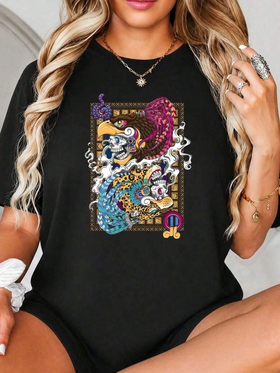 Graphic Design Inspired By The Aztecs, Featuring Two Skulls With Eagle And Heads, Vibrant Geometric Patterns, Mythical Masks, And A Mesoamerican Art Style. Personalized Gifts: Women's T-Shirts In Modern, Hippie, Casual, And Minimalist Styles. Unique Personalized Men's Clothing, Capsule Wardrobes, And Men's Basic/Urban Wear. Ideal Gifts For Boyfriends, Family, And Friends, Suitable For Birthdays, Holidays, School/Competitions, Sports/Climbing, Etc., Also Suitable For Fall Fashion And Urban Activities. Black Summer T-Shirt - 黑色 - 查看 1