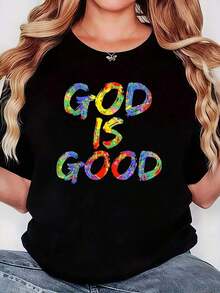 Casual Clothing God Is Good Cute Christian Worship 1 Pcs Women's Plus Size T-Shirt Funny Oversized Graphic Short Sleeve Tee 100% Polyester Shirt Casual Crew Neck Top Blouses For Women>Shirt - 黑色 - 查看 1