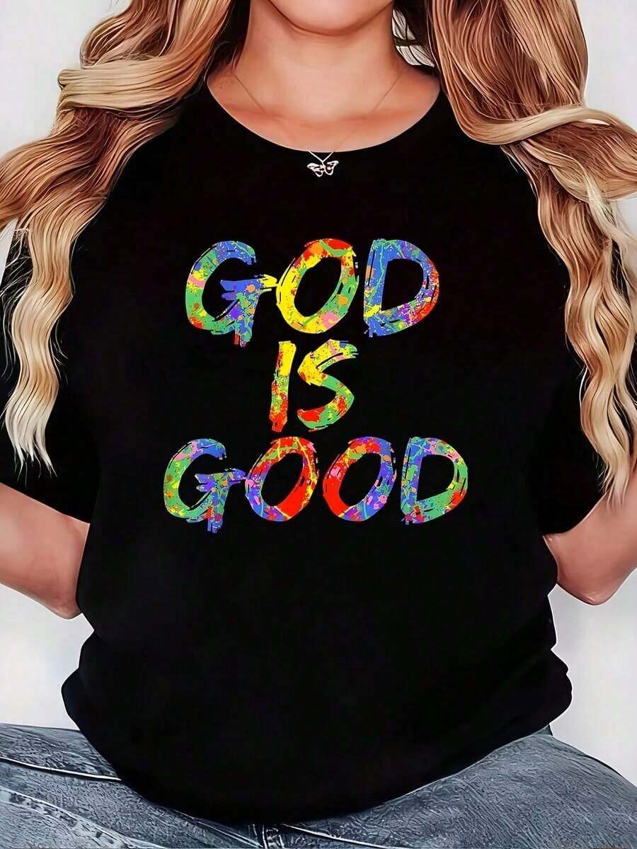 Casual Clothing God Is Good Cute Christian Worship 1 Pcs Women's Plus Size T-Shirt Funny Oversized Graphic Short Sleeve Tee 100% Polyester Shirt Casual Crew Neck Top Blouses For Women>Shirt - 黑色 - 查看 1