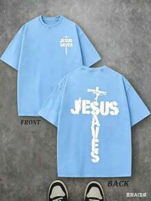 Jesus Tee God Has A Plan Graphic Tee Double-Sided Print Washed T-Shirt Holiday Gifts Y2K Men's Graphic Tees, Street - Style Vintage Washed T - Shirts, 230G Cotton T - Shirts, 100% Pure Cotton, Unisex Graphic Tees Halloween Back To School ShirtsNew Casual T-Shirts For Men And Women - 天藍色1 - 查看 2