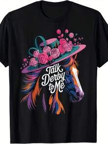 Women's Pure Cotton Derby T-Shirt For Horse Racing Lovers, Unisex Short Sleeve Print For Summer 2026, Vintage Style Casual Clothing, Retro Design, Lightweight Fabric, Durable Print, Short Sleeve T-Shirt, Original T-Shirt, Gift For Racers KFSQ - 黑色 - 查看 7