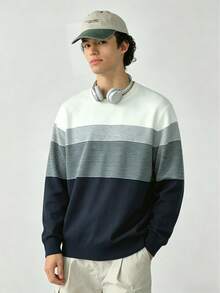 Men's Classic Pullover Sweater, Casual Distinctive Fashion Black White Gray Patchwork Top, Versatile For Autumn/Winter - Multicolor - View 1