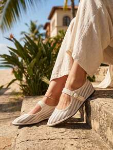 Women's Simple Versatile Strap Round Toe Mesh Polka Dot Mary Jane Flats, Lightweight Comfortable Flat Mary Jane Shoes For Casual, Dancing, Work - Beige - View 2