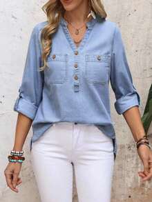 Camisa Vaquera De Manga Larga Con Cuello Con Muescas Para Mujer - Azul - Ver 8