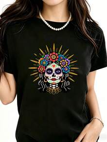 Women's T-Shirt, Short-Sleeved Summer Top, Black T-Shirt For Women, Colorful Artistic Design Of Mexican Skulls, Bohemian Gothic Style With Day Of The Dead Theme, Traditional Clothing For Celebrations And Festivals, Vibrant Casual Wear For Women. - 黑色 - 查看 10