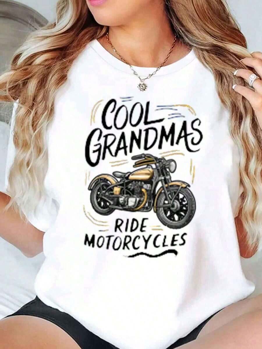 New Arrivals For Summer. Women's Crew Neck T-Shirt With Cool Grandmas Riding Motorcycle Graphic Print, Casual Summer Blouse, Shirt > Beautiful. - 白色 - 查看 1
