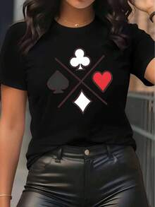 Camiseta de Mujer: Camiseta negra de manga corta para damas, con diseño de cartas de póker, diseñada para ofrecer comodidad y adecuada para el uso diario. Camisetas para Mujer. - Negro - Ver 12