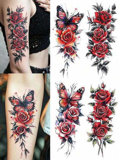 4 Sheets Big Size Body Art Temporary Tattoo Stickers For Women, Red Butterfly Flower And Rose Mixed Pattern, Waterproof Fake Tattoo, Lasts 2-5 Days, Covering Scars,Can Be Used On Arms Wrist Shoulders Legs Waist Neck Hand Chest Thighs Finger Ankle, Suitable For Parties, Gifts, Vacations, Body Decoration