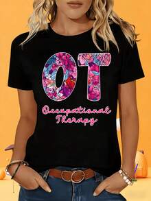 White And Black Ladies Short Sleeve T-ShirtOccupational Therapy Ot Floral Design T Shirt For Women Occupational Therapist Gift White Cotton Tee ShirtLeisure Holiday Outdoor Party Gift G - 黑色 - 查看 1