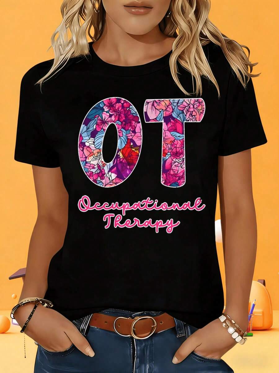 White And Black Ladies Short Sleeve T-ShirtOccupational Therapy Ot Floral Design T Shirt For Women Occupational Therapist Gift White Cotton Tee ShirtLeisure Holiday Outdoor Party Gift G - 黑色 - 查看 1