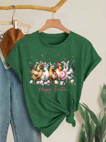 1 Piece Casual Fashion Set For Men And Women. Women's Casual T-Shirt With Pink Bow And Book Print - Short Sleeves, Round Neck, Suitable For Summer And Spring. Versatile, Easy To Match, Ideal For Everyday Wear, Streetwear, Vacation Outfits, And Weekend Outfits. - 軍綠色 - 查看 2