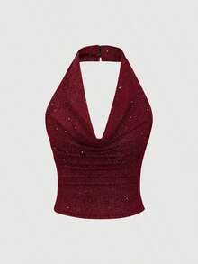 corto de camisola de punto metálico con lentejuelas para mujer, top sexy de espalda descubierta y ajustado al Body - Burdeos - Ver 1