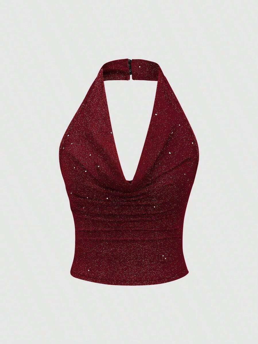 corto de camisola de punto metálico con lentejuelas para mujer, top sexy de espalda descubierta y ajustado al Body - Burdeos - Ver 1