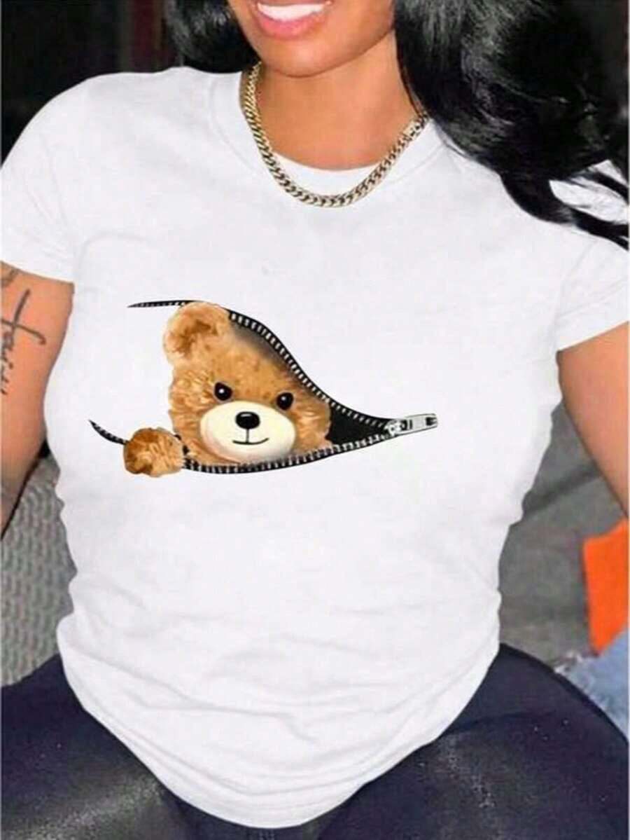 [Local Delivery] Women's T-Shirt Adorable Bear Print Style Women's T-Shirt With Zipper Creative Design Soft Loose Fabric Round Neck Short Sleeve Spring Summer Casual Daily Wear - 白色 - 查看 1