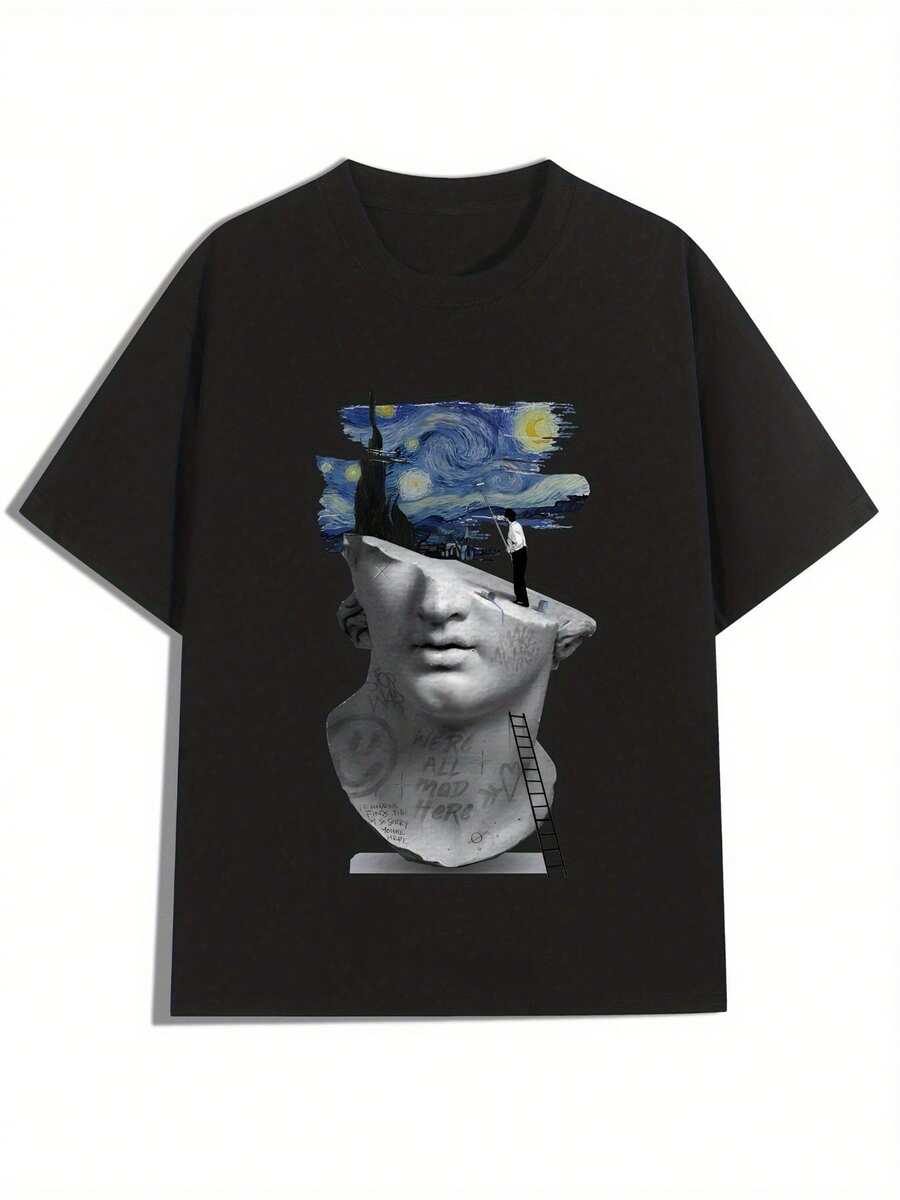 Camiseta Unisex Y2K de Estilo Urbano para Hombre y Mujer, Cómoda para Todas las Temporadas, con Estampados de Estatuas, Pinturas al Óleo Estrelladas, Estilo Punk Urbano Americano, Cuello Redondo, Manga Corta, Top Casual de Moda Deportiva - Negro - Ver 1
