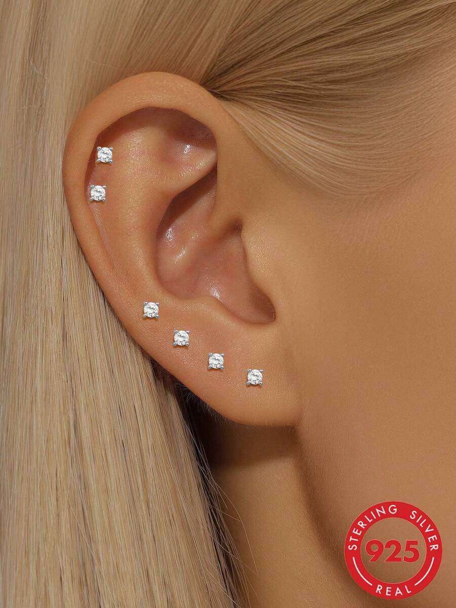 6pcs 925 Sterling Silver Claw-Set Flat Stud Earrings, Luxury Earrings For Women, Suitable For Daily Wear And Bridal Jewelry