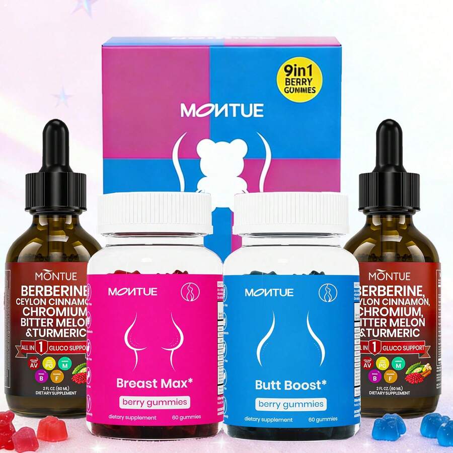 MONTUE Top Support & Peach Gains & ACV Women Combo Gummies, Fitness Workout Supplement, 9 Herbal Extracts, Essential Vitamins, Berry Flavor, Probiotics, Weight Loss, Breast & Butt Boost, 4 Bottles 180 Count Gummies - 4 chai - Xem 1