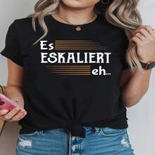 1 pieza, clásica y versátil, camiseta de manga corta de algodón puro, adecuada para usar en cualquier estación, con estampado del texto Es ESKALIERT eh... en alemán, estilo moderno - Negro - Ver 2
