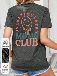 Women's Valentine's Day Sets, Women's Summer T-Shirts With 'Overstimulation Mom Club' Graphic Print, Round Neck, Short Sleeve, Simple Casual Style For Everyday Wear, Plus Sizes, Black, Graphic Print T-Shirts For Mom's Birthday, Fun Summer Clothes With Mom Prints, Summer T-Shirts With Face And Letter Prints, Loose And Comfortable, Benito Bowl T-Shirts - 深灰色 - 查看 2