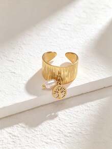 1pc 14K Gold Plated Stainless Steel Baroque Style Natural Stone Tree Of Life Adjustable Open Ring, Suitable For Daily Wear, Great Gift - Multicolor - View 4