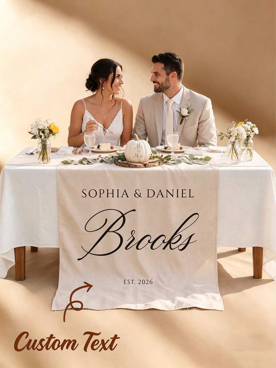 Customized Wedding Table Runner, Can Customize Text, Name, Date, Elegant Bride & Groom Head Table Decor, Romantic Wedding Reception Area Tablecloth &Wedding Reception, Bridal Shower, Party Decoration, Suitable For Weddings, Birthday Parties, Dining Table Centerpieces, Christmas