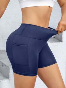 Pantalones cortos deportivos de verano para mujeres, Mallas deportivas para mujeres, Leggings con bolsillos, Shorts de ciclista negros, Pantalones cortos deportivos para mujeres con bolsillos, Pantalones de yoga de cintura alta con control de abdomen, pantalones compresión ajustados, Pantalones cortos de running con sensación de desnudez para entrenamiento - Azul marino - Ver 4