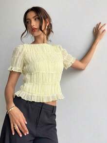 Blusa de mujer elegante de chifón y encaje con parches en color albaricoque - amarillo ganso - Ver 4